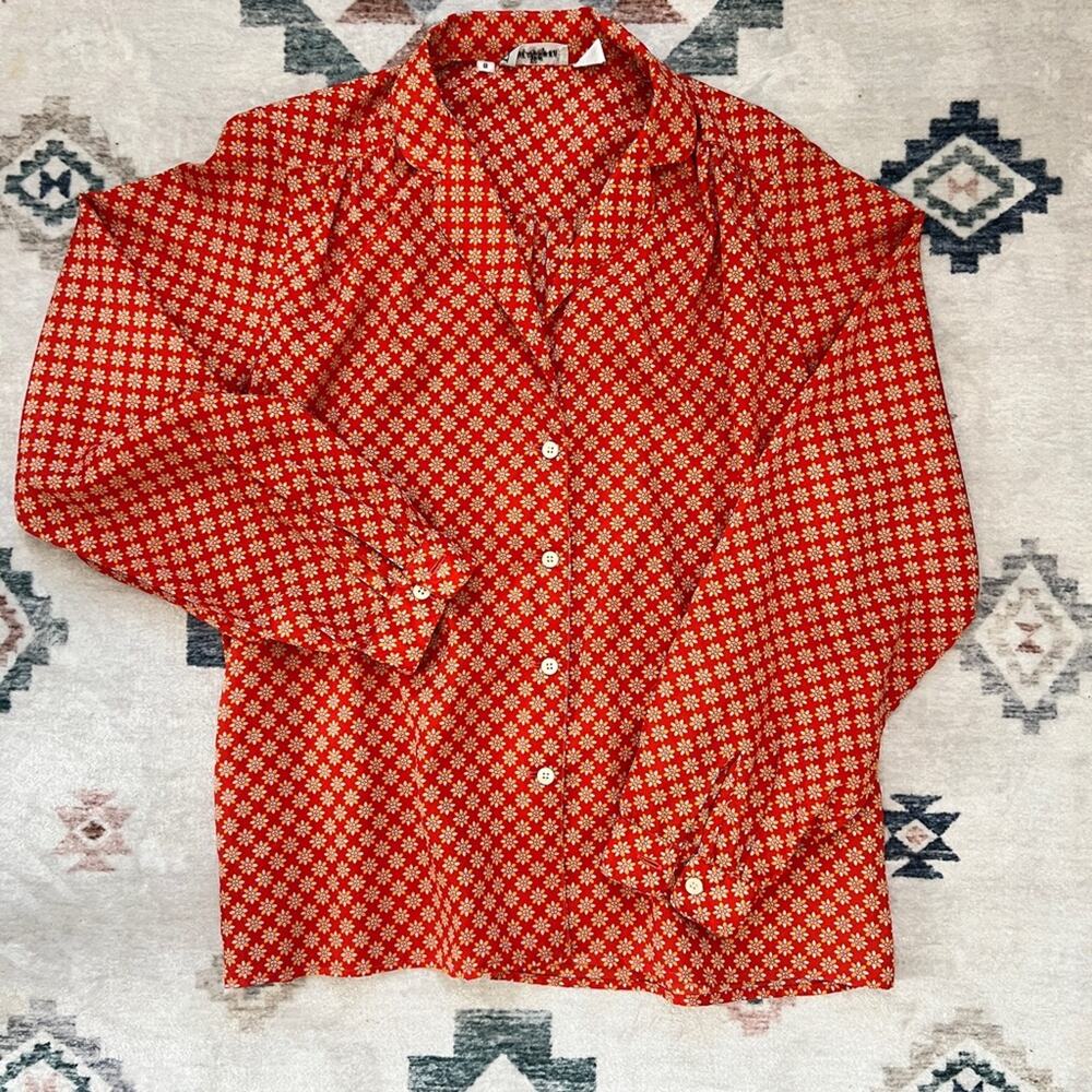 Vintage Evan Picone Orange Floral and White Button Up Blouse Retro Groovy 70s